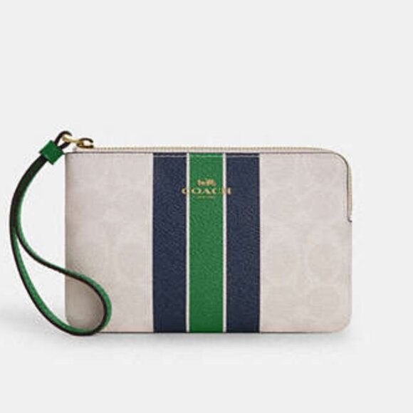 Corner Zip Wristlet In Signature Canvas With Varsity Stripe - Picture 1 of 3